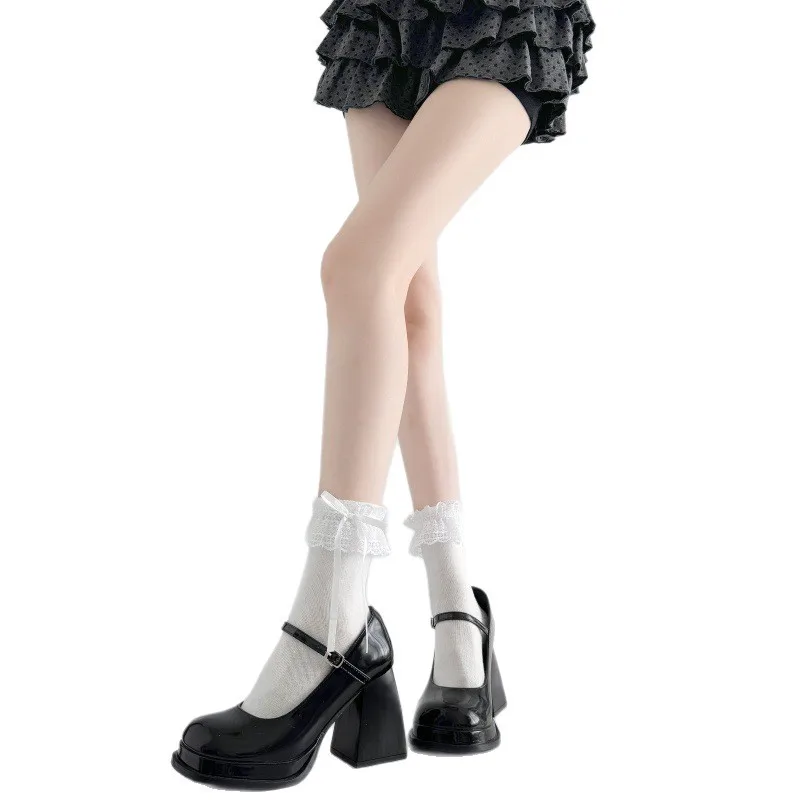 Light Sweet Kids Lolita Mid Calf Socks Exquisite Bow Decoration White Lace Ruffle Comfortable Stretch Socks For Dress Up Outfits