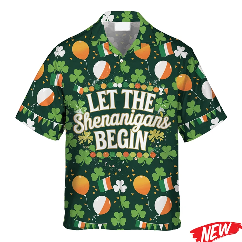 

2026 St. Patrick's Day Men's Shirt New 3d Printed Irish Clover Lapel Shirts Women Casual Short Sleeve Tops Loose Hawaiian Shirt