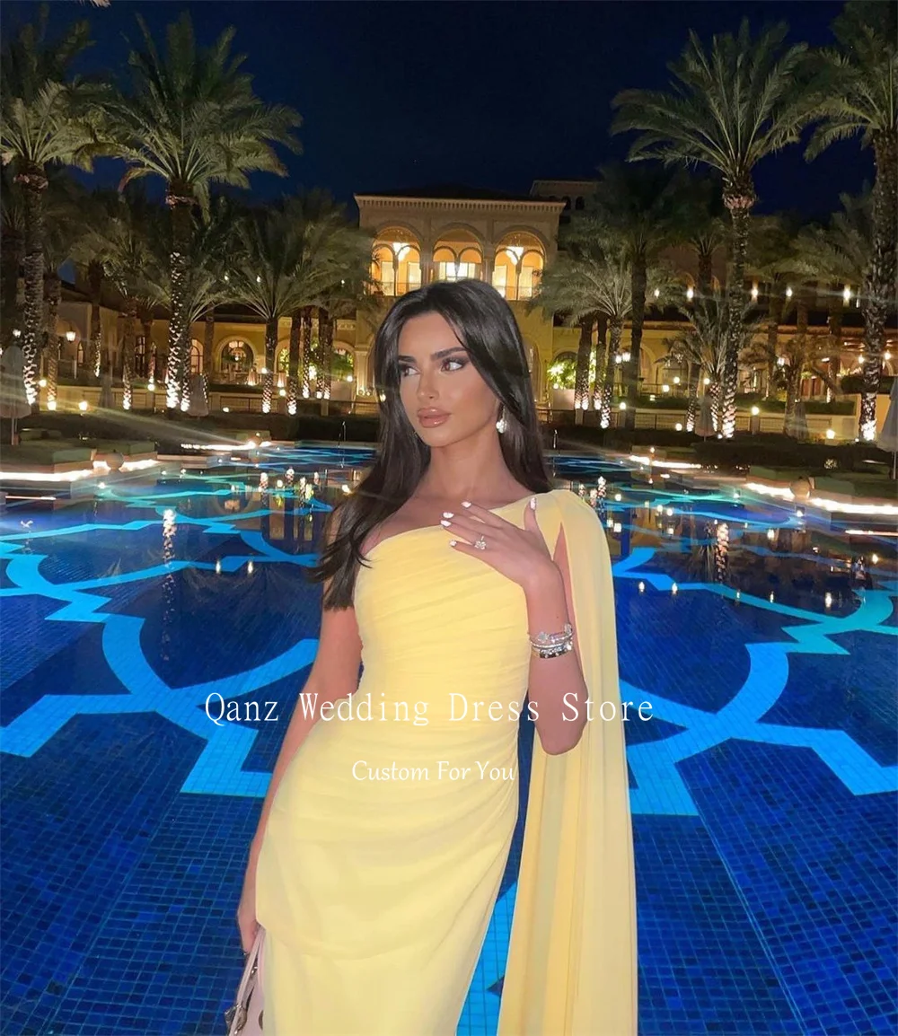 Qanz saudi arabia formelle abendkleider gelber chiffon eine schulter dubai arab ballkleid boden lange frauen party kleider 2024