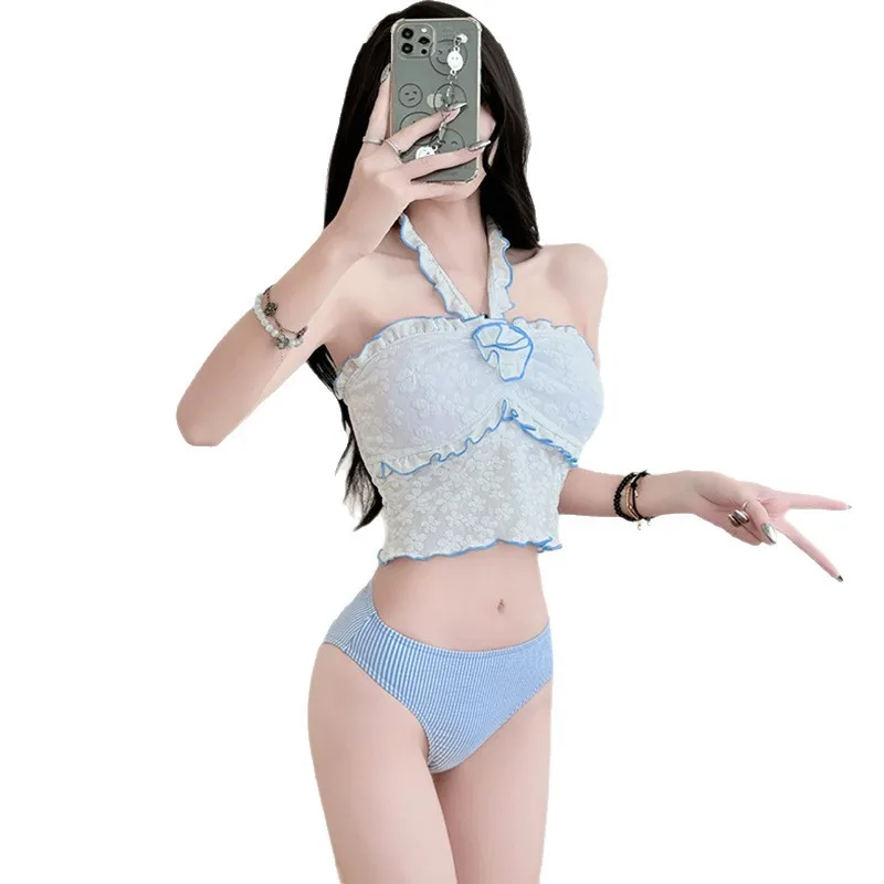 sexy 3D flower halter tie print bikini sets 3pcs cropped vest with striped mini skirt swimsuit swimwear bathing suit tankini
