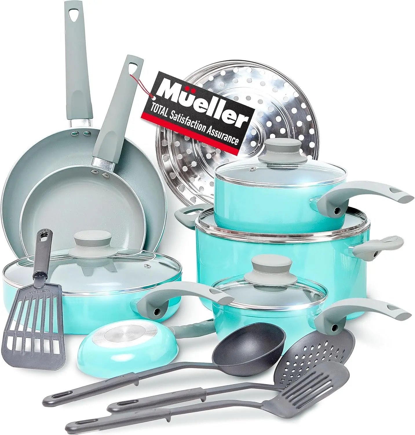 16-Piece Non-Stick Stone Cookware Set with Steamer and Glass Lids, Turquoise