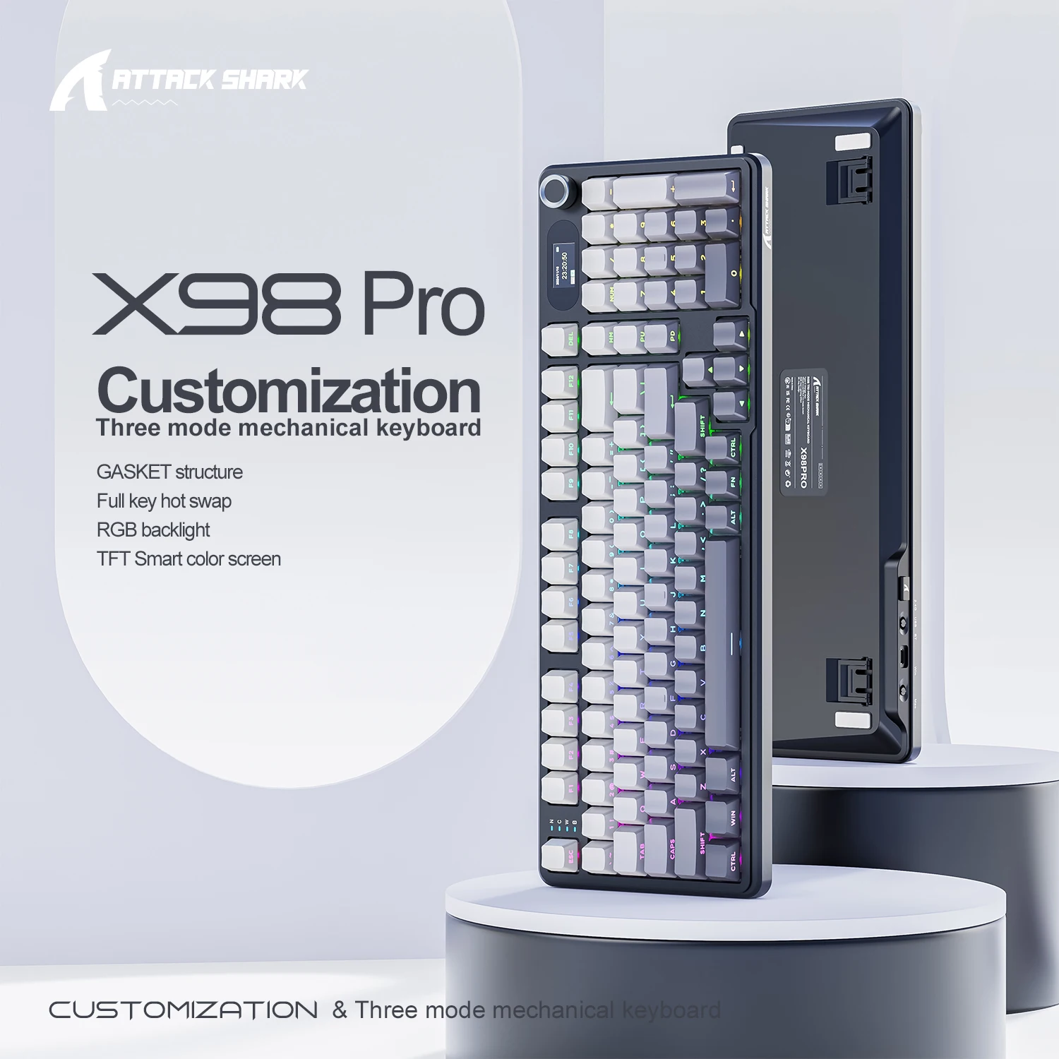 Attack Shark X98 Pro Mechanical Keyboard  3-Mode Wireless (BT/2.4G)  Gasket Mount Hot-Swap RGB & TFT Screen | 4000mAh 80% Layout