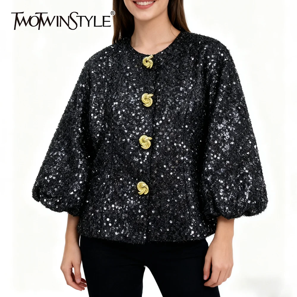 

TWOTWINSTYLE Solid Spliced Single Breasted T Shirt Female O Neck Half Sleeve Loose Light Luxury Women's T Shirts Autumn Fashion