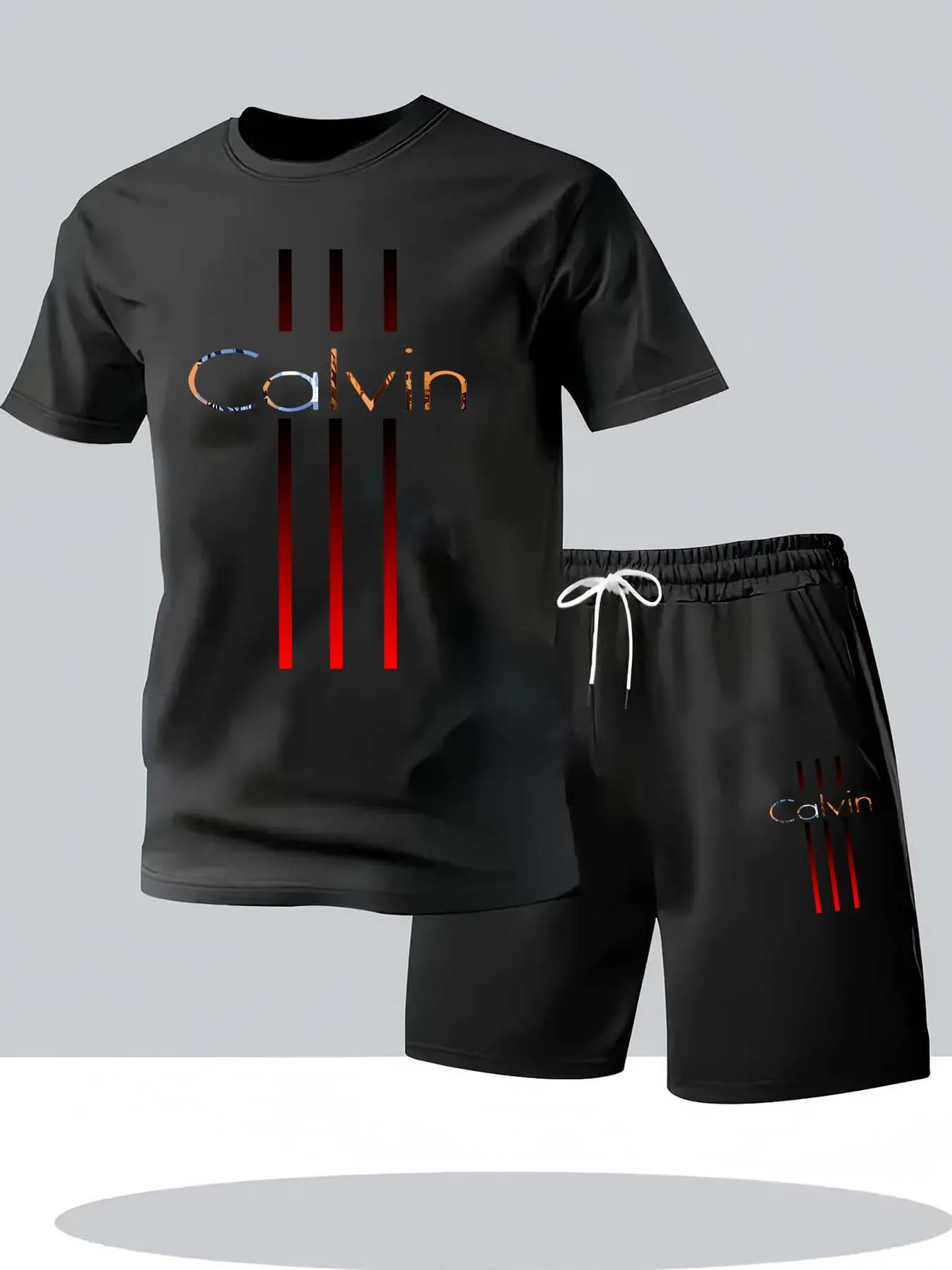 

Men's T-shirt and shorts set summer casual loose and fashionable Calvin letter print comfortable round-neck short-sleeved T-shir