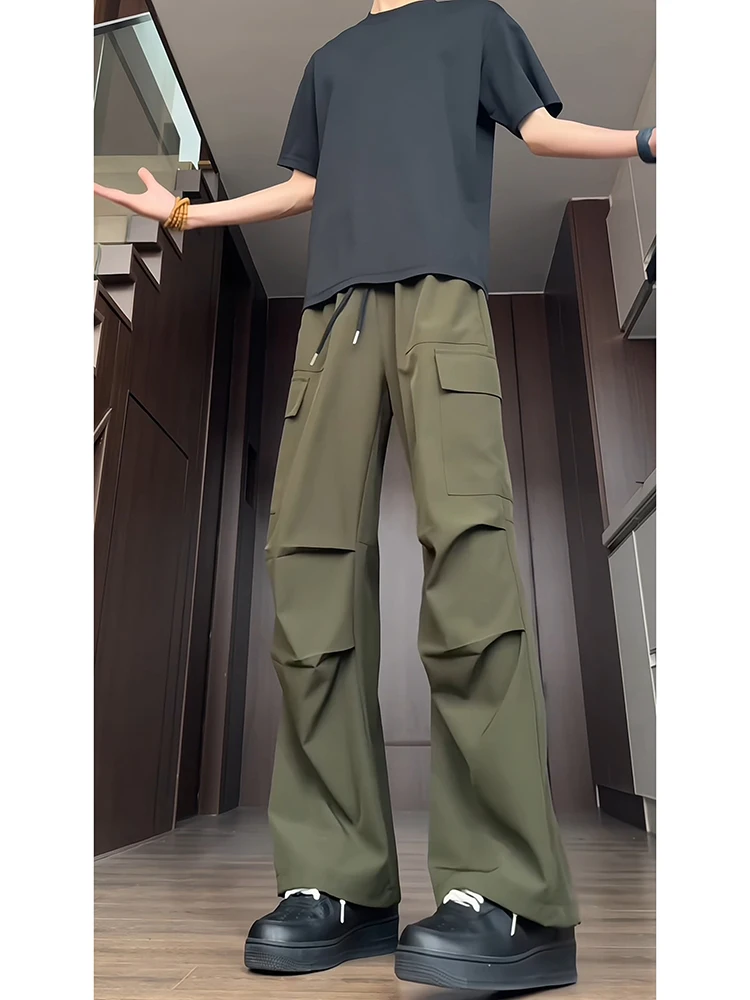 

Мужские летние брюки-карго в стиле милитари, из ледяного шелка, свободного кроя, в американском уличном стиле, плиссированные