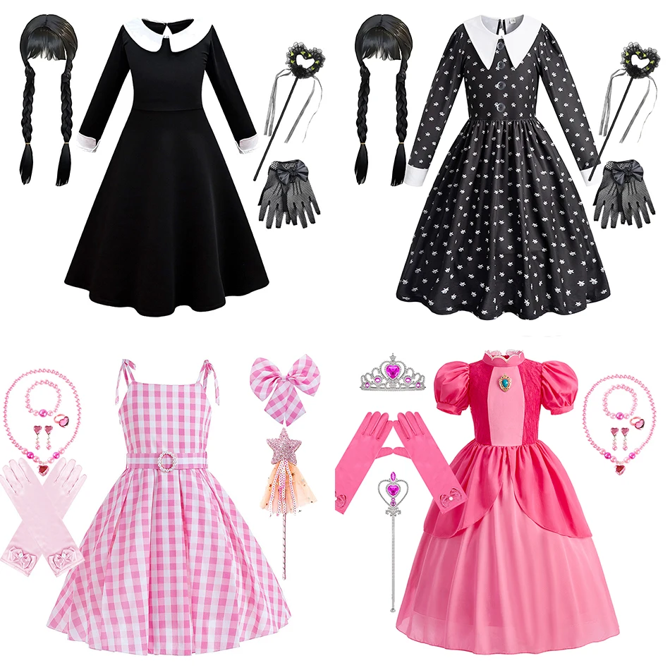 Gaun Pesta Ulang Tahun Anak-anak Kostum Cosplay Karnaval Halloween Persik Penyihir Hitam Anak Perempuan Gaun Putri Mewah Natal Anak-anak