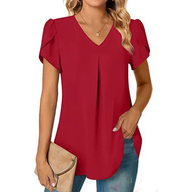 Estate moda tinta unita scollo a v manica corta Pullover camicia donna sciolto Casual semplice tutto-fiammifero camicetta Top abbigliamento donna