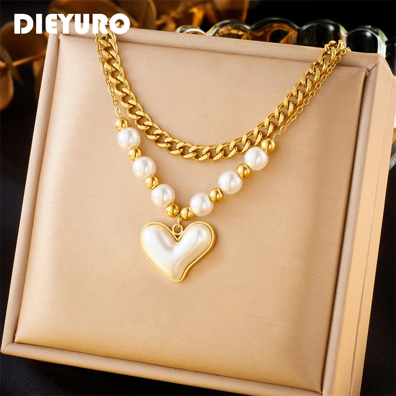 

DIEYURO 316L Stainless Steel Heart-shaped Pearl Pendant Necklace For Women New Trendy 2-Layer Chains Jewelry Gift collier femme