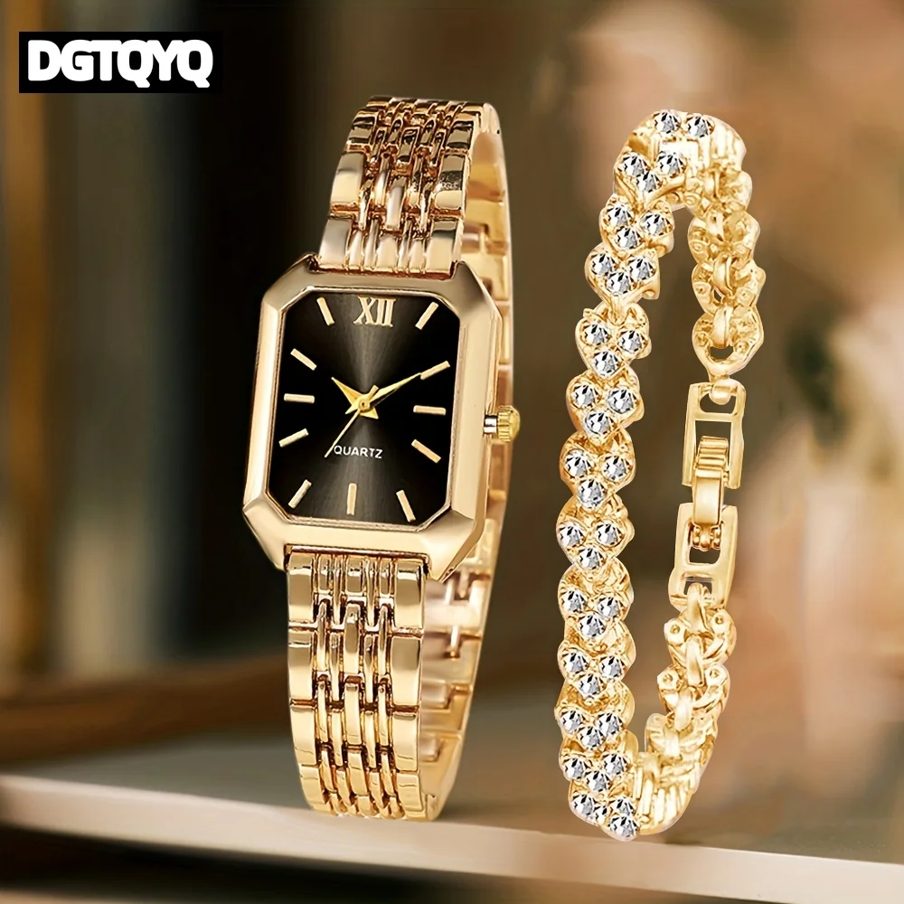 

2 шт. Модные прямоугольные женские кварцевые часы с браслетом из страз, набор для женщин, наручные часы с римским циферблатом, подарок для девушек