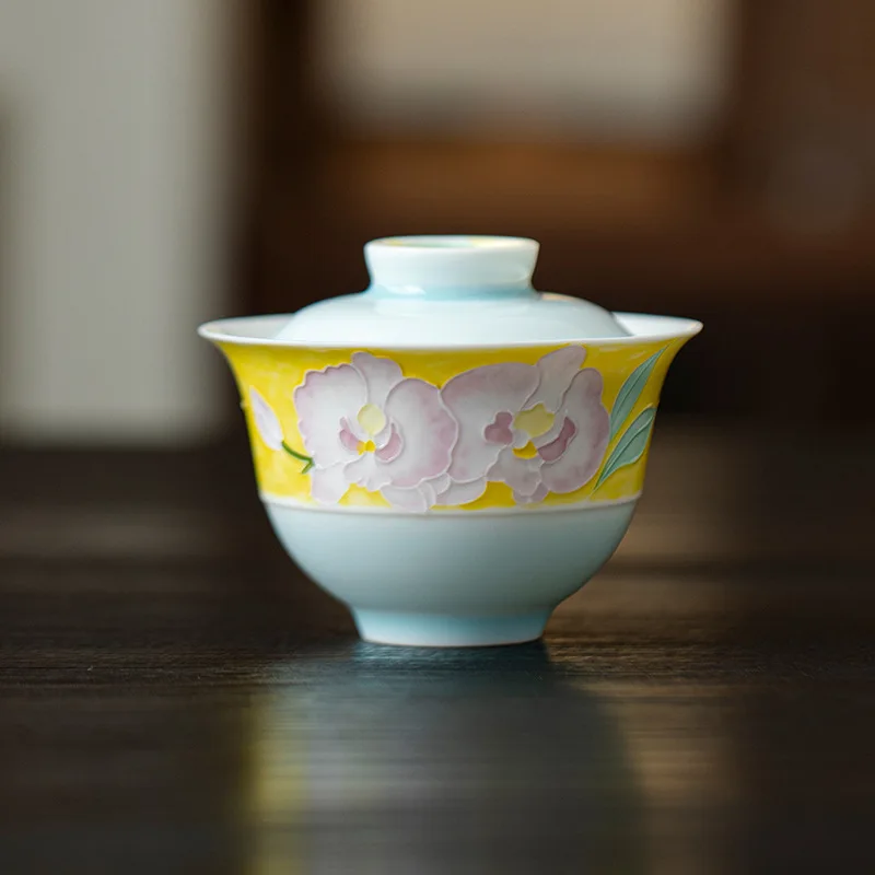 Color-Block Hand-Painted Hibiscus Ceramic Gaiwan Jade Clay White Porcelain Kung Fu Set Imitation Hot Household Handmade Tea