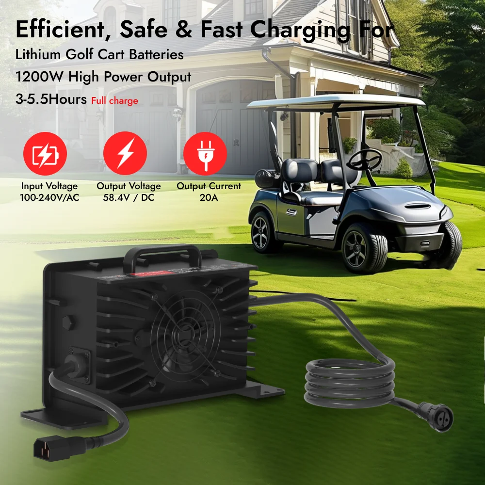 Caricabatteria da 58,4 V 20A per batteria 48 V 16 S LFP Lifepo4 Carrello da golf adatto Carrello elevatore con caricabatteria con spina impermeabile