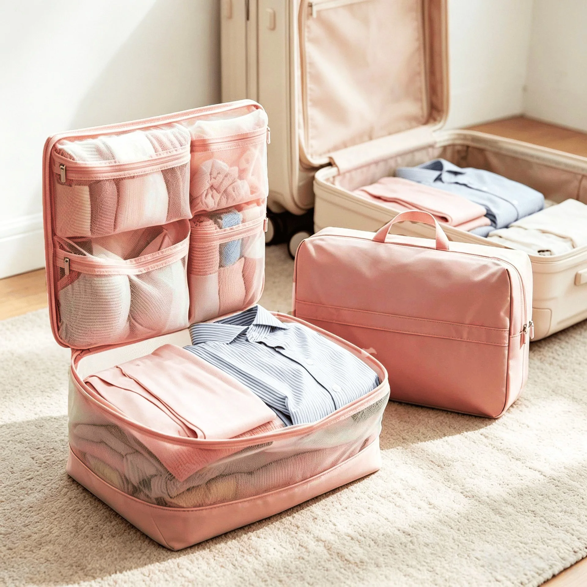 5-in-1 Compression Travel Organizer Large Capacity Clothes Storage Bags with Mesh Compartments for Suitcase