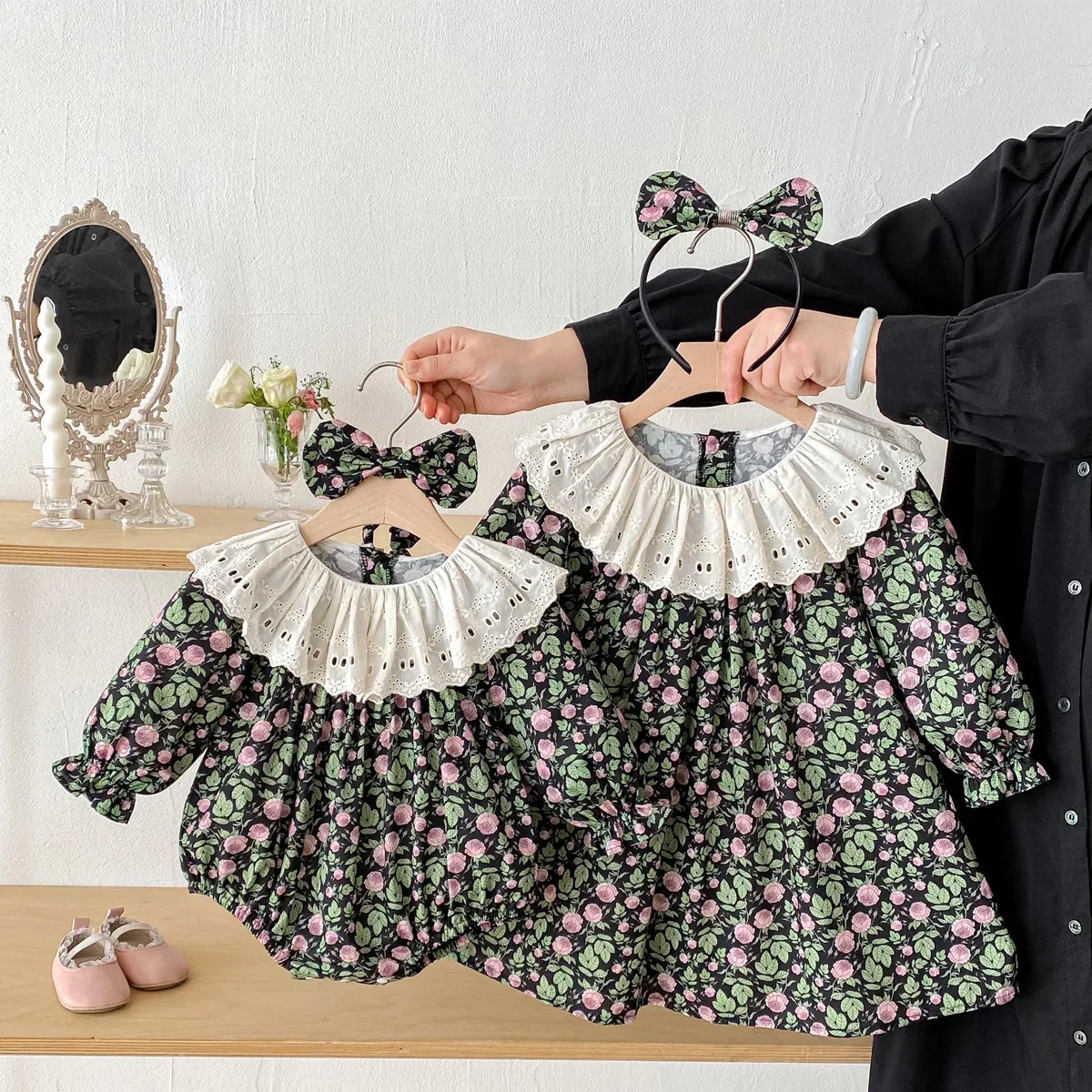2026 Baby Girl Matching Outfits Floral Print Romper & Dress Set Korean Style Twin Sisters Outfit for Toddler Casual Daily Wear