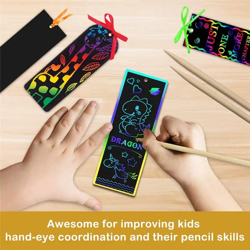 NEW 4 Styles Rainbow Color Scratch Bookmark Craft Kits Rainbow Scratch Paper Art Sets for Kid Students Party Favors DIY