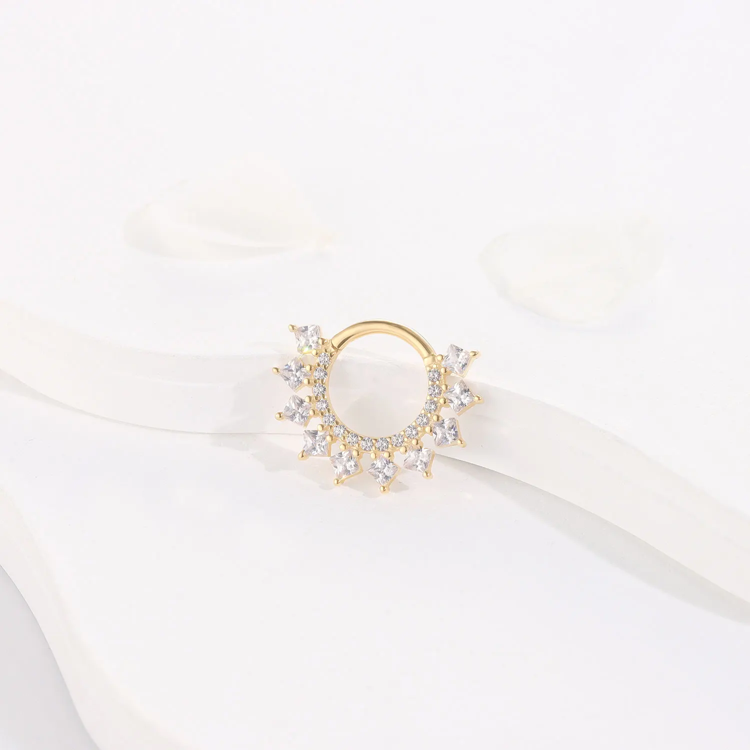 14K Solid Gold Sunburst Hinged Segment Ring with Cubic Zirconia