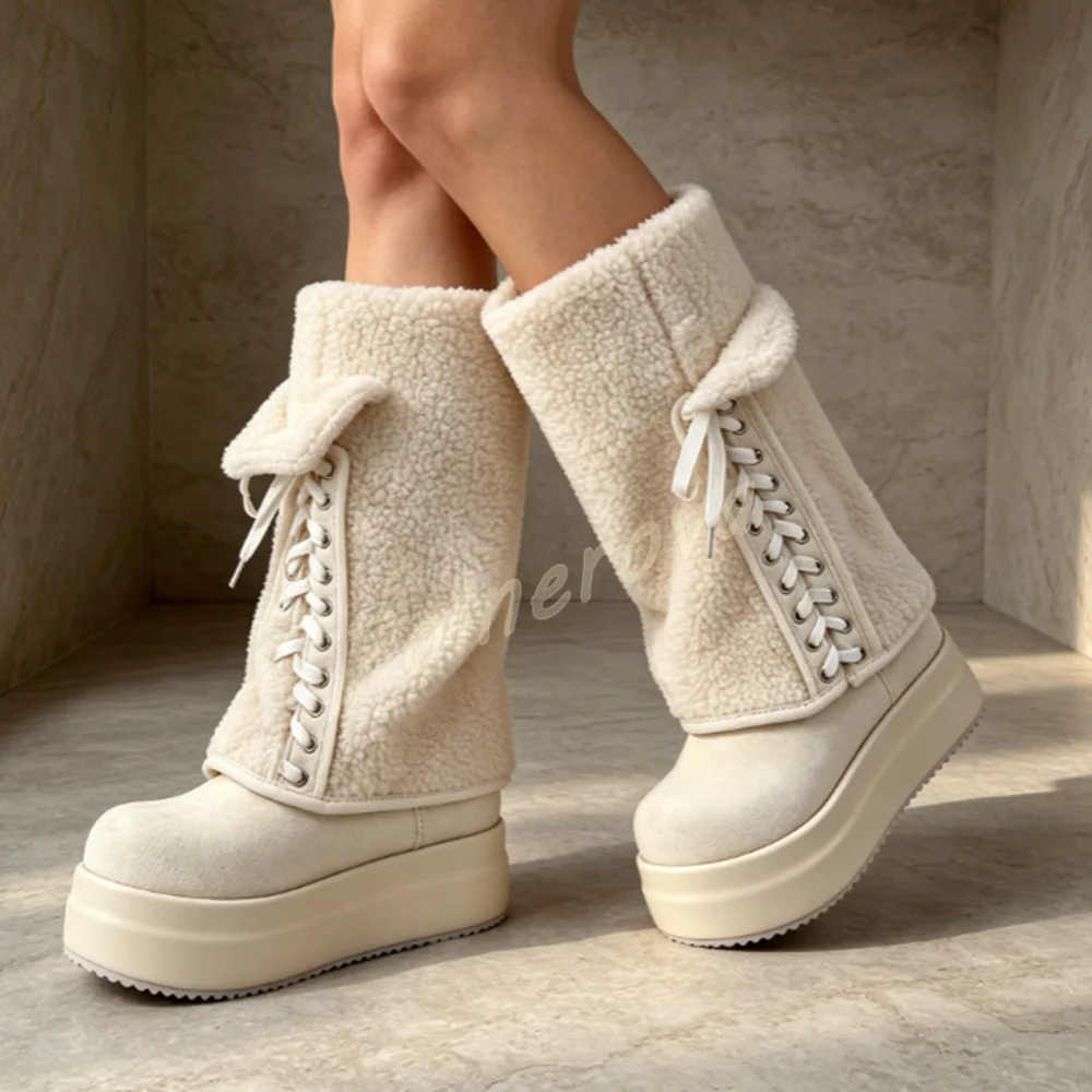 Fuzzy Teddy Knee High Boots Women Platform Thick Sole Lace Up Winter Warm Plush Boots Round Toe Street Fashion Women Snow Boots