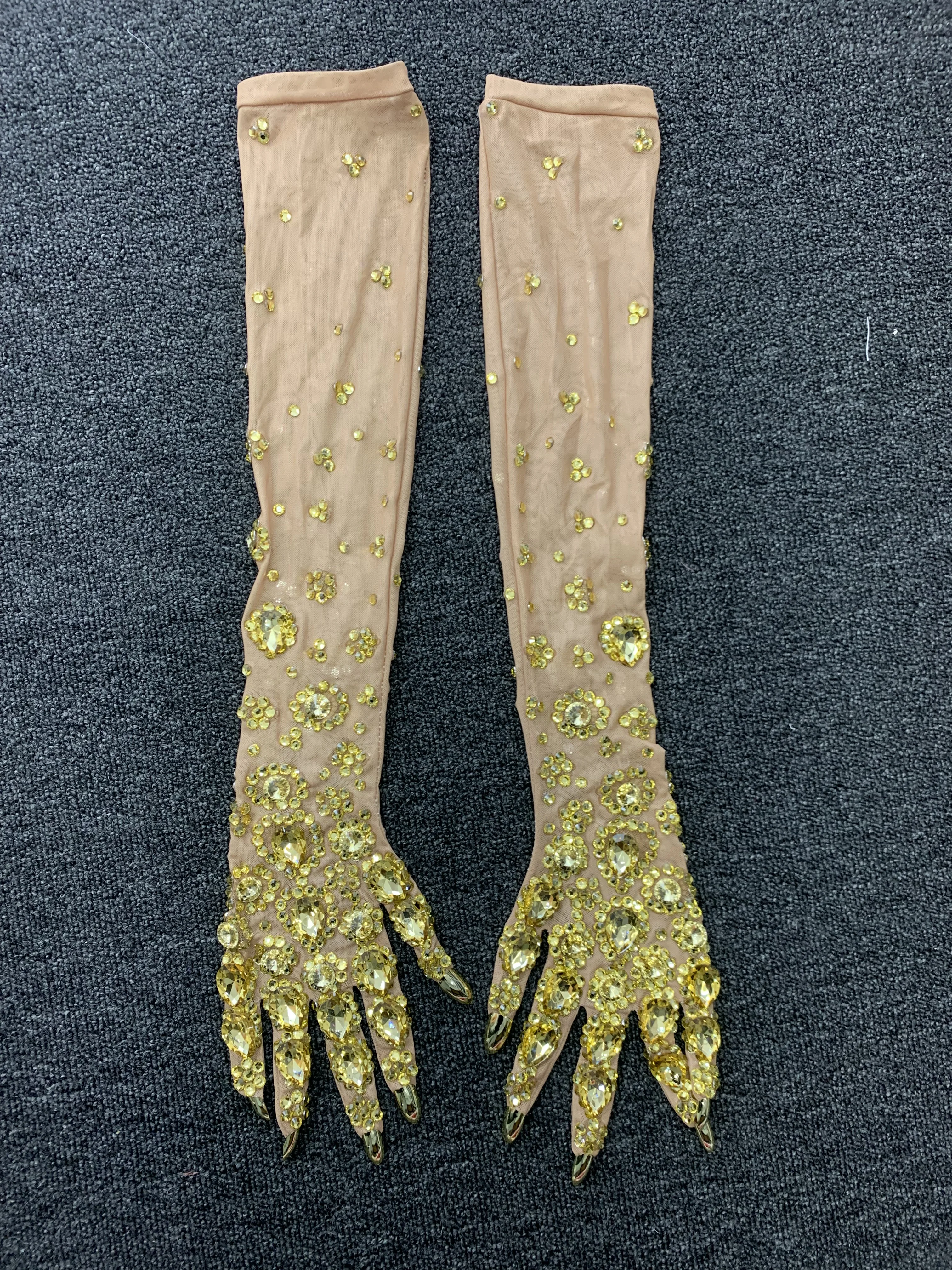 Sexy Stretch Rhinestone Gloves Women Sparkling Crystal Mesh Perspective Long Gloves Nightclub Dancer Singer Stage Accessories