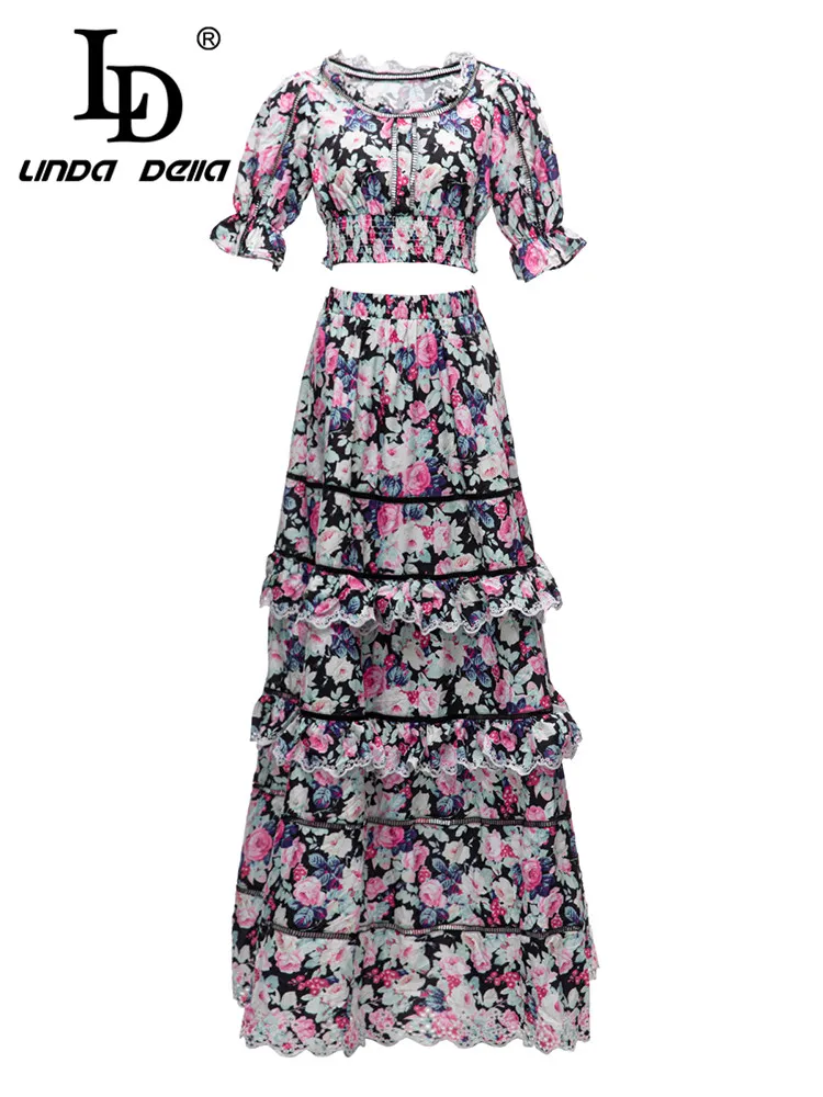 

LD LINDA DELLA Summer Runway Designer Vintage Set Women Round Neck Print Top+ Elastic Waist Cascading Ruffle Skirts 2 Pieces Set