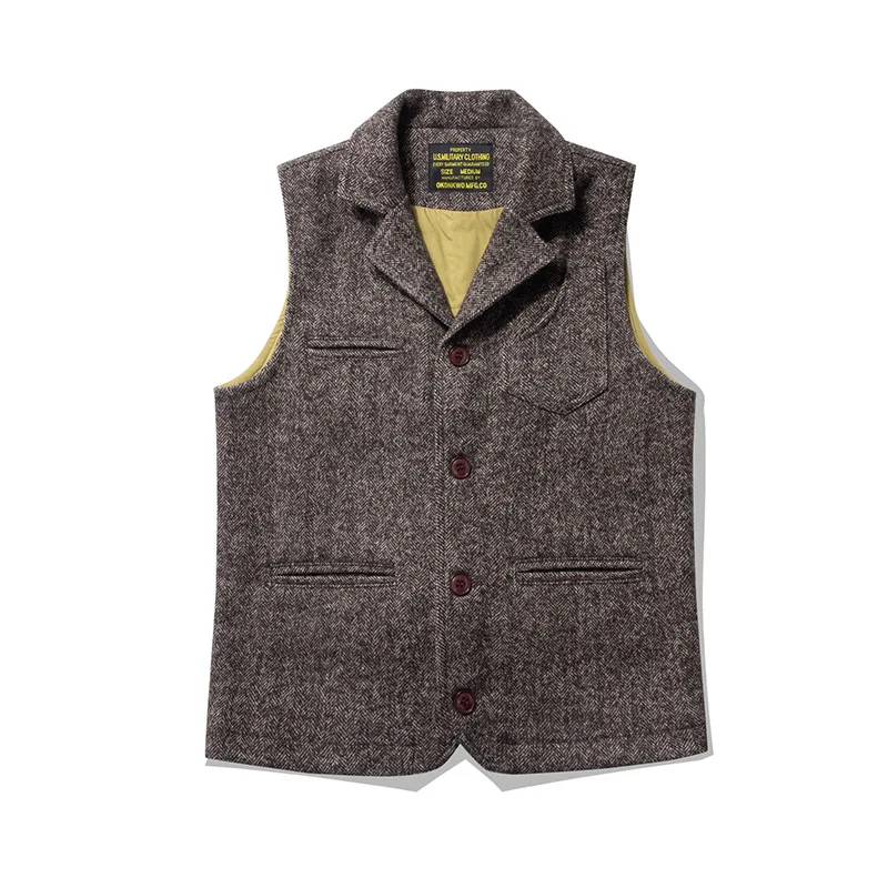 Good Quality Winter Fashion Men's Retro British Tweed Wool Vest Thick Double-Layer Multi-Pocket Suit-Collar Vest Warmth Top Male