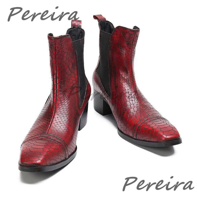 British Retro Handmade Men's Boots Wine Red Snake Pattern High Top Shoes Pointed Toe Thick High Heel Chelsea Boots for Party