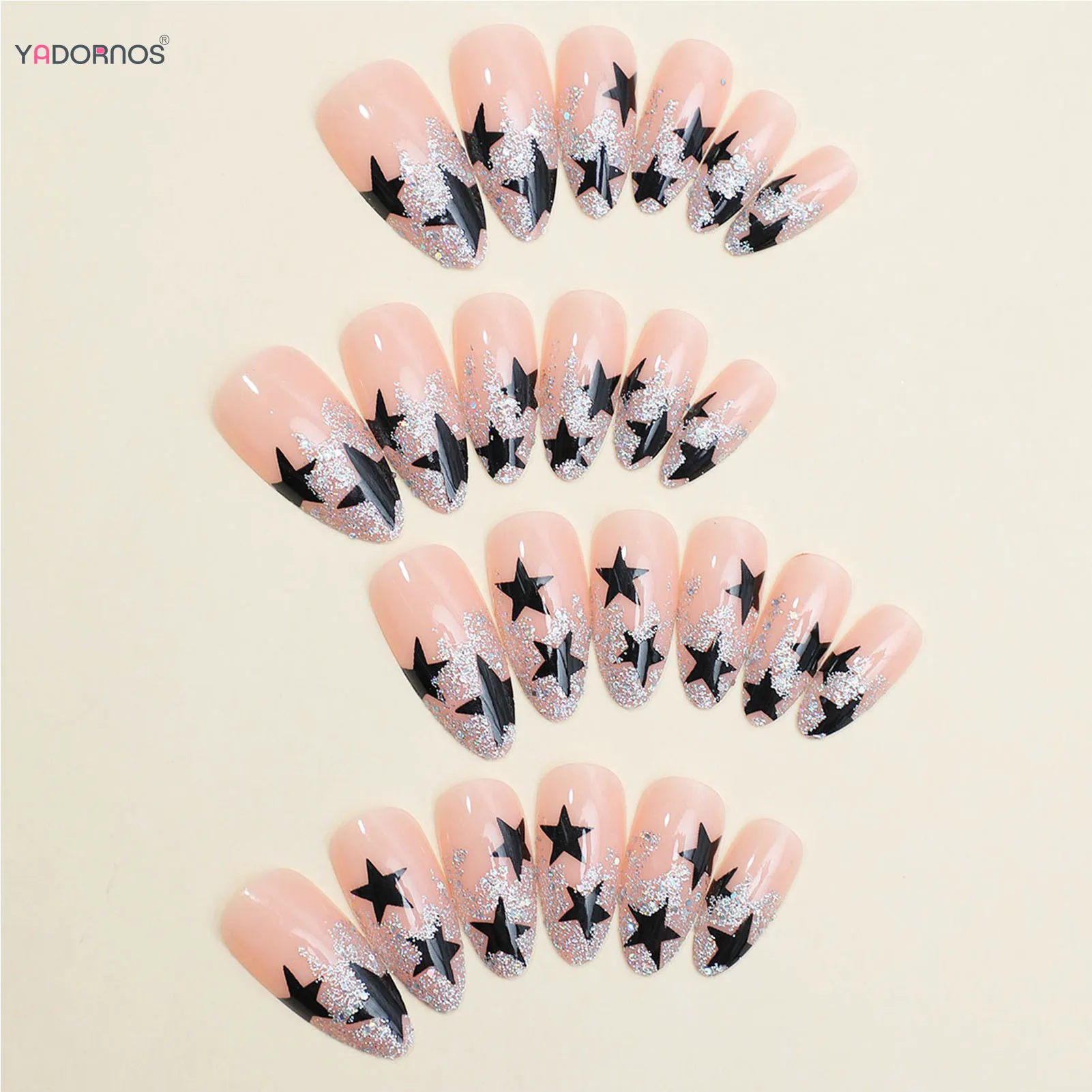 Y2K Fake Nails Black Five-pointed Star Designed Almond Press on Nails Glitter Sequins Wearable False Nails Tips for Women 24Pcs