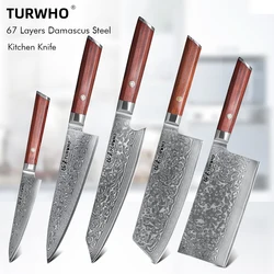 TURWHO 1-7PCS Kitchen Knife Set Japanese Forged Damascus Steel Santoku Knives Pro Stainless Steel Chef Knife Set Rosewood Handle