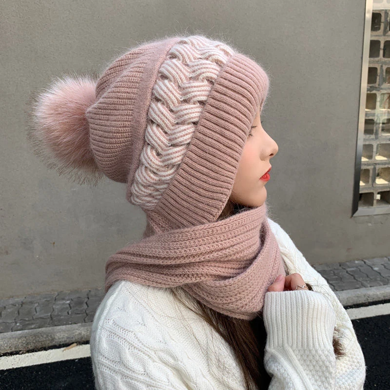 Scarf One Piece Hat Women Winter Cycling Windproof Woolen Hat outdoor Thickened Knitted Hooded Cap Shawl hats neck warmer bonnet