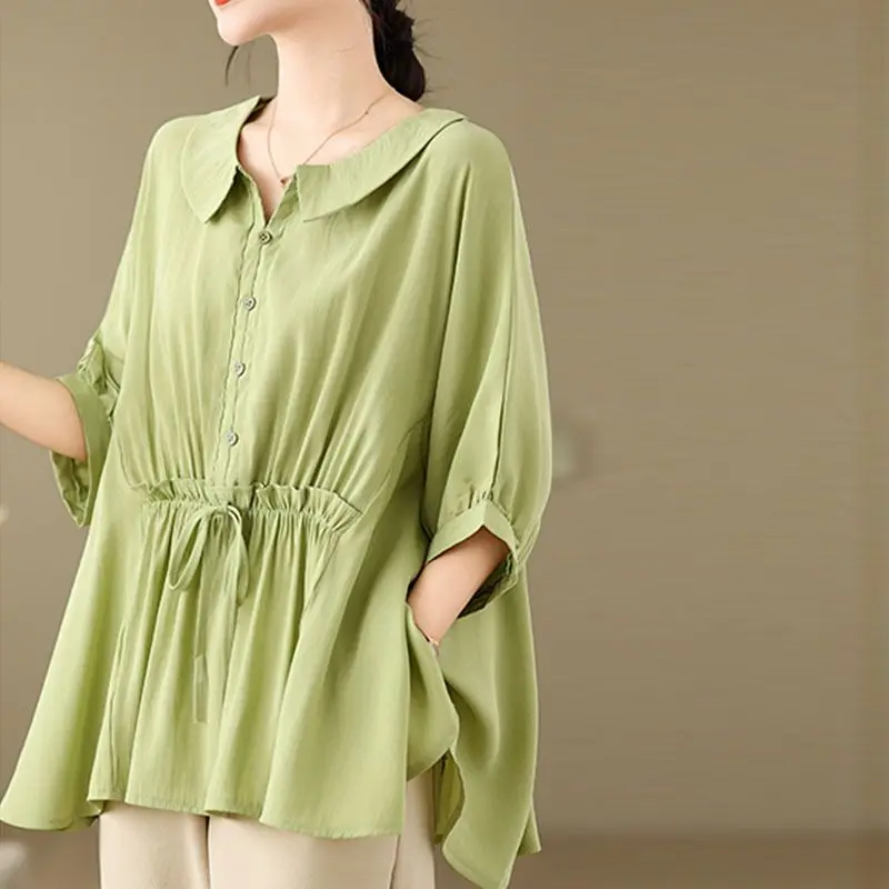 2024 Summer Korean Doll Collar Blouse Loose Button Women\'s Clothing Solid Color Stylish Ruffles Spliced Commute Drawstring Shirt