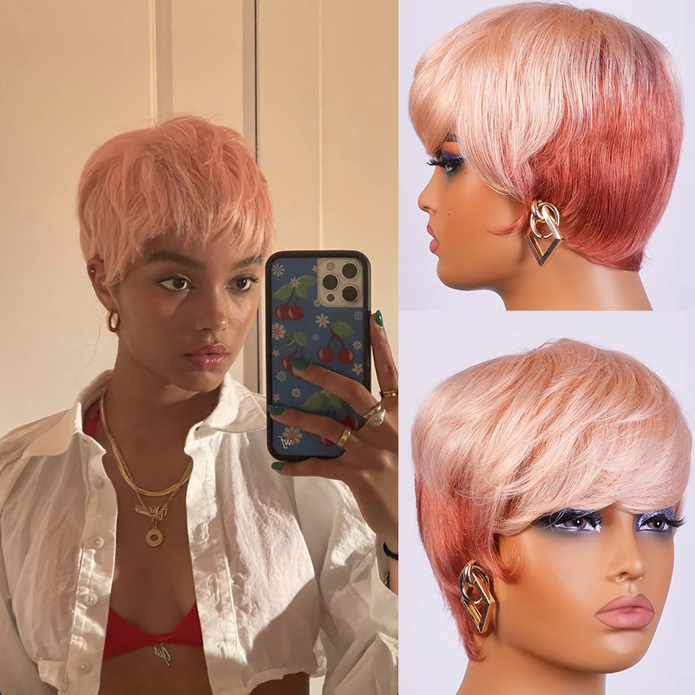 الوردي شعر بشري قصير الباروكات عابث قطع شعر مستعار آلة الشعر البرازيلي صنع للنساء قبل قطعها شعري مستقيم شعر مستعار تأثيري الطرف