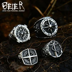 Beier New Store 316L Stainless Steel Viking Cross Compass Runic Pirate Men's Ring Nautical Fashion Jewelry Dropshipping BR8-108R