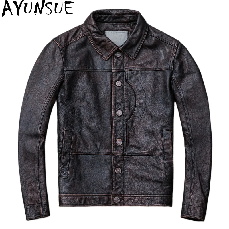 AYUNSUE Top Layer Cowhide Genuine Leather Jacket Man Motorcycle Jacket Short Leather Coat Chic Lapel Outerwear Chaquetas Vintage