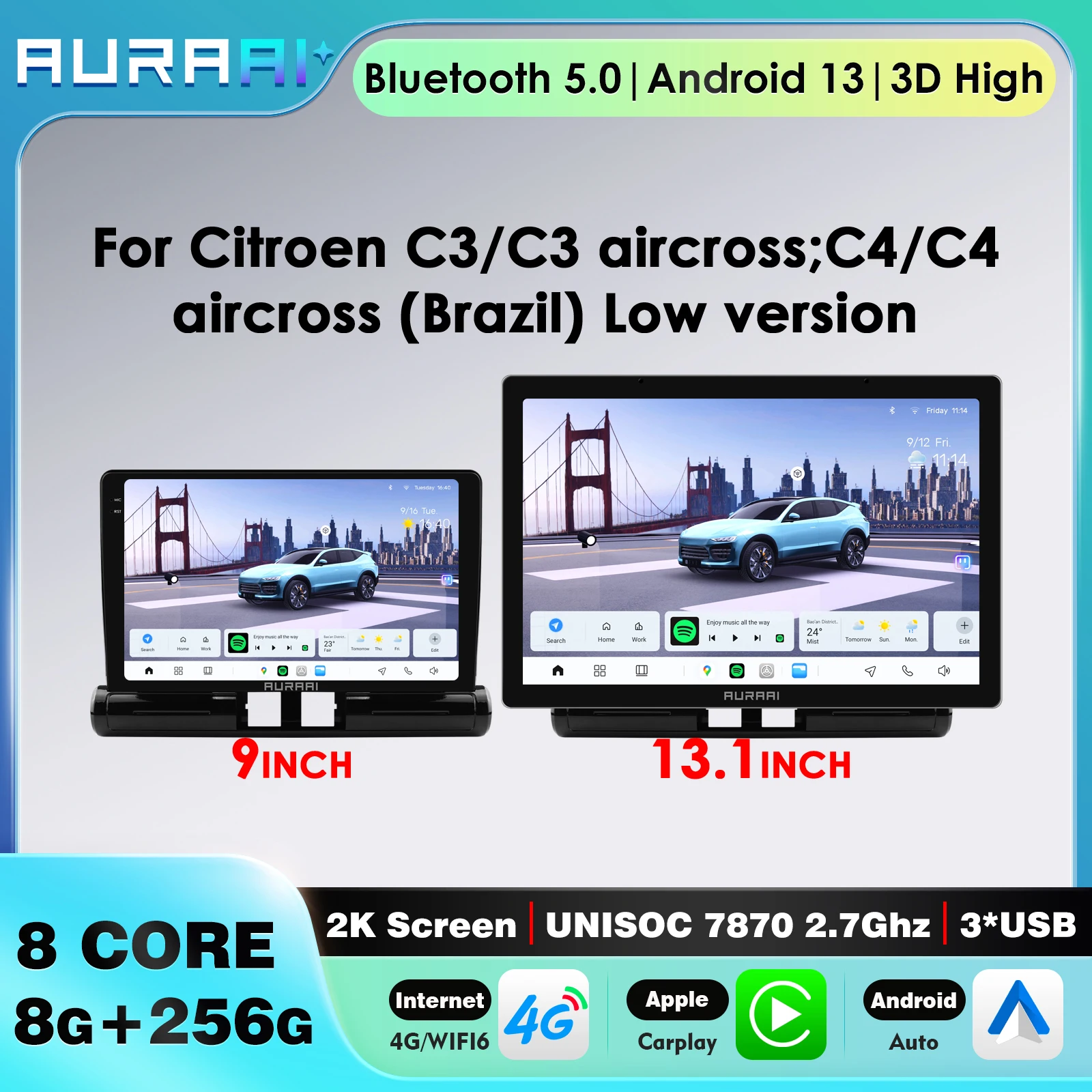 Hizpo 2din Carplay Android Auto for Citroen C3 Aircross C4 2017-2023 Car Radio Smart Multimedia Touch Screen 4G WIFI RDS DSP GPS
