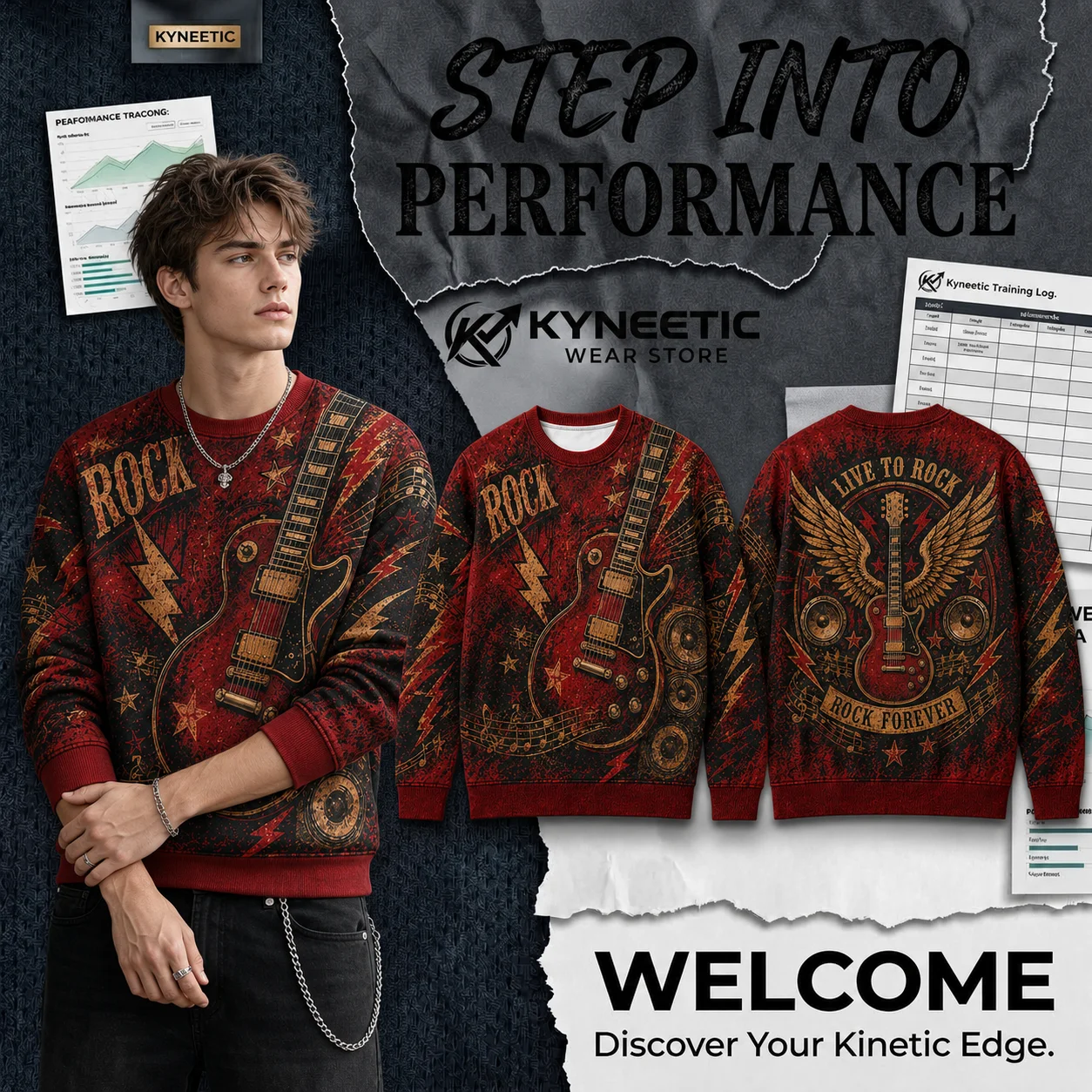 Retro Electric Guitar Sweatshirt Crewneck Long Sleeve Pullover Tops Parent-Child Rock Roll Music Stage Halloween Gifts Clothing