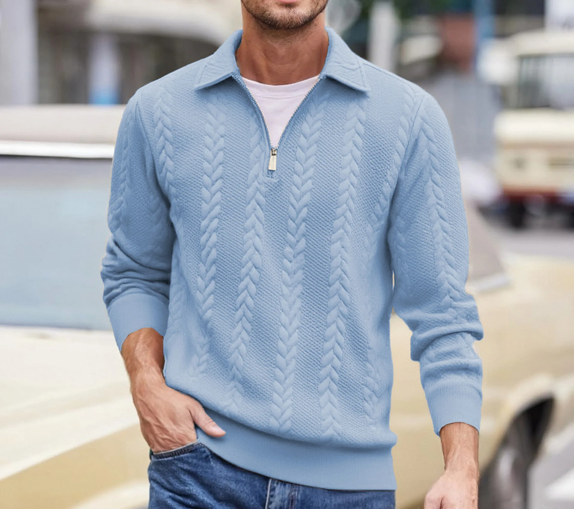 Mens Lapel Half Zip Sweatshirt Long Sleeve Cable Textured Pullover Relaxed Fit Tops For Daily Casual Autumn And Winter Dressing