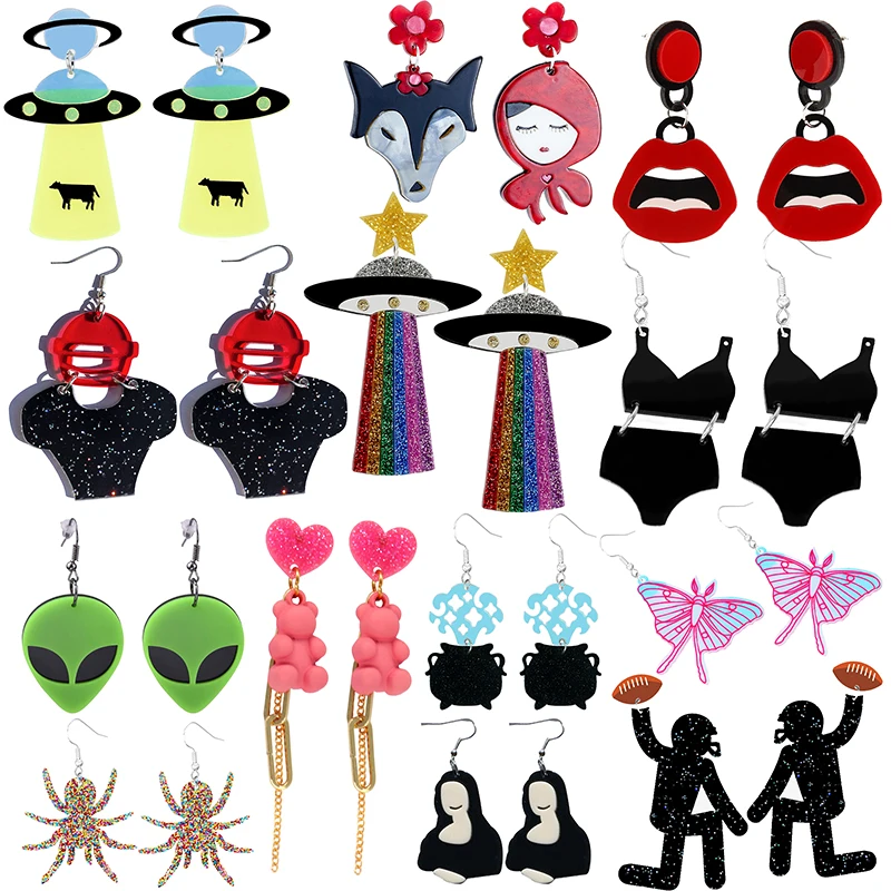 Earrings For Women Girls Hip Hop Cute Exaggeration Special Creativity Jewelry UFO Alien American Football Magic Butterfly