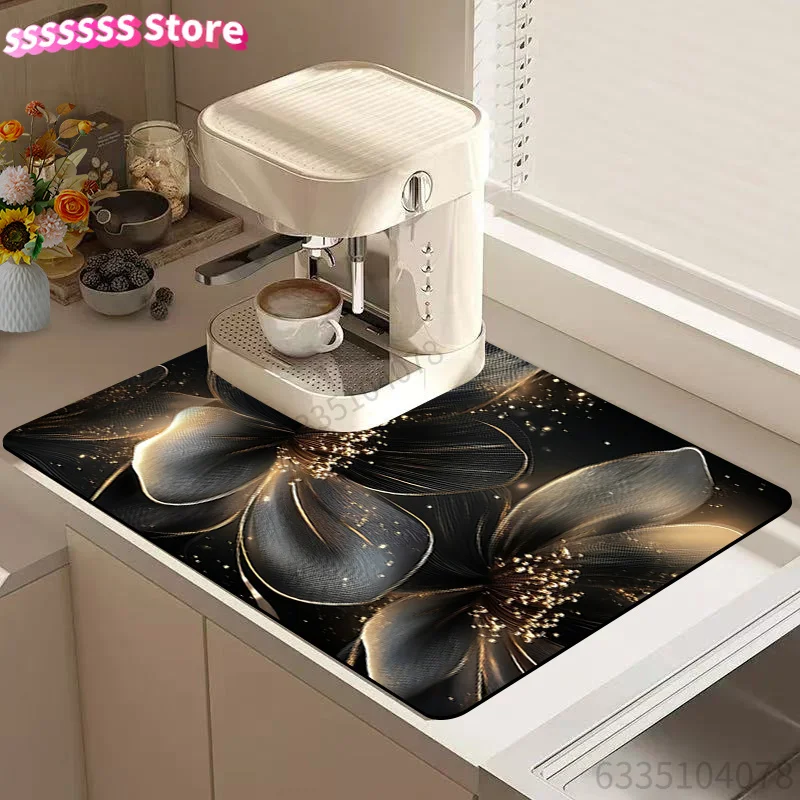Dish Drying Mat, Black Floral Drainage Mat, Coffee Machine Mat, Kitchen Tabletop Accessory, Fashion Print Drip Mat, Kitchen Uten