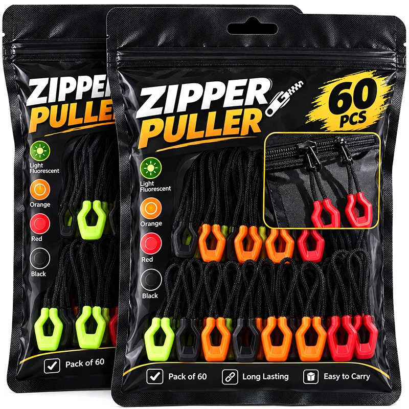60/1x Luminous Extension Zipper Pullers Convenient Zipper Anti-loss Extension Zip Tent Zipper Pull Slider Head Tool Accessories