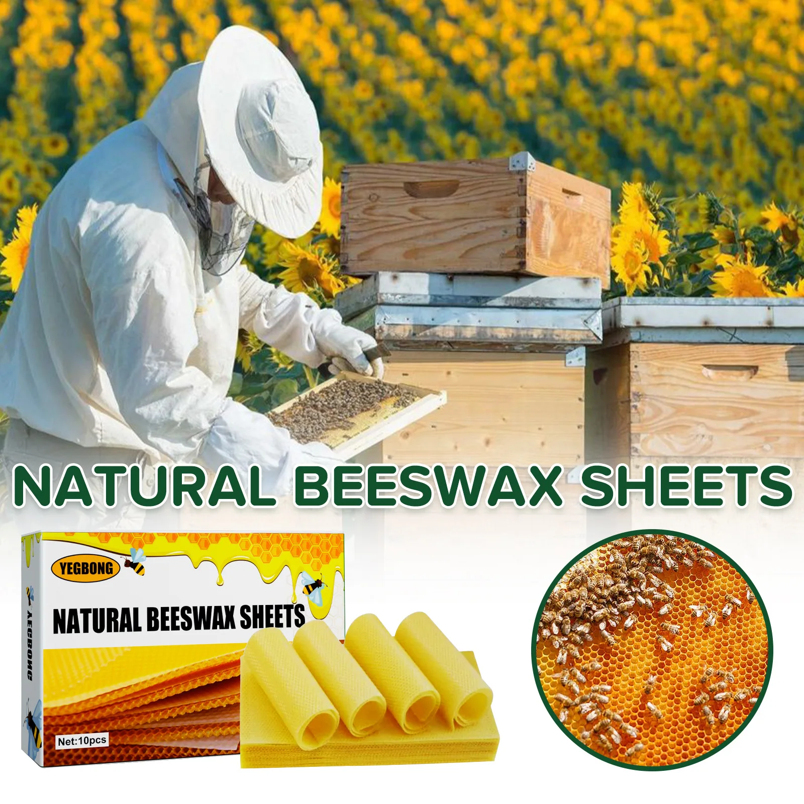 

YEGBONG Natural Beeswax Sheets 10PCS - Honeycomb Foundation, Beekeeping Supplies,Uniform Size for Home & Professional Beekeeping