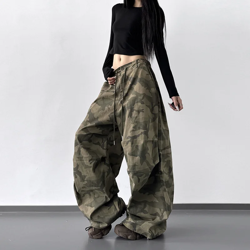 

Women Camouflage Wide Leg Pants 2025 Autumn New Women's Camo Cargo Pants Drawstring Sporty Loose Wide Leg Street Casual Trousers