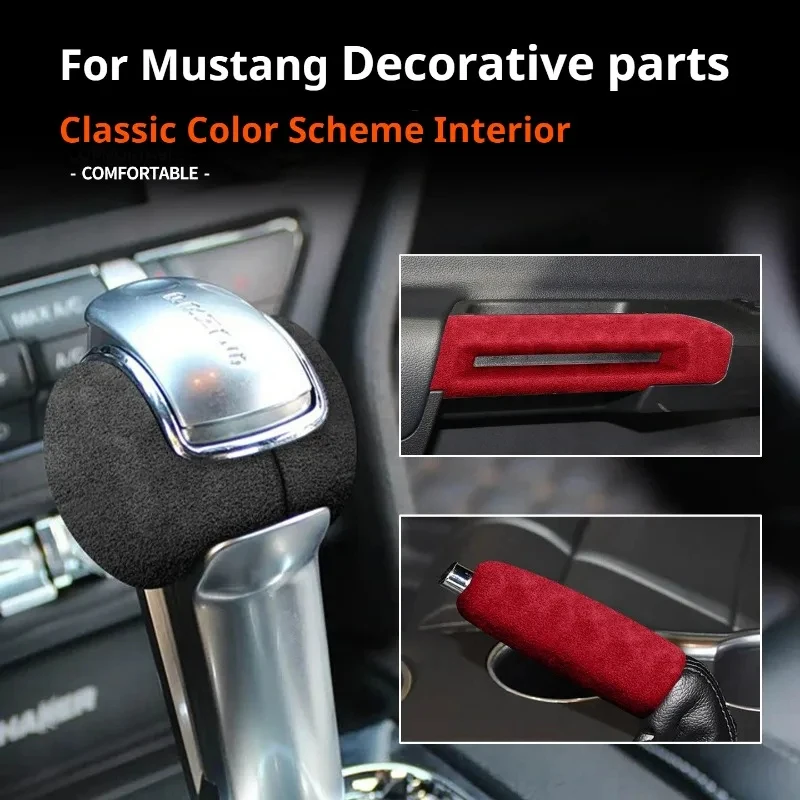 Car Suede Handbrake Cover Door Handle Gear Shift Knob Cover For Mustang 2015-2024 Car Interior Styling Modification Accessories