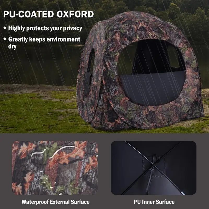 3 Person Pop Up Hunting Tent, PU Oxford Fabric, Steel Frame, 270 Degree View Window, Concealed Outdoor Observation, Carry Bag, Camouflage, 152x152x163 Cm view 4