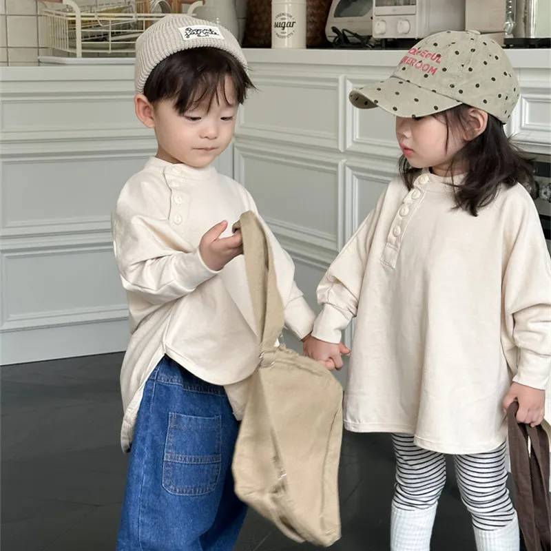 2024 Spring New Boys and girls solid color Slanted button Sweatshirt japanese style children cotton loose T shirts Tops