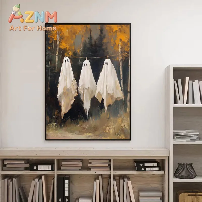 Cute Ghost Pumpkin Canvas Painting Print Halloween Witch Autumn Landscape Wall Art Poster for Modern Living Room Home Decor Gift