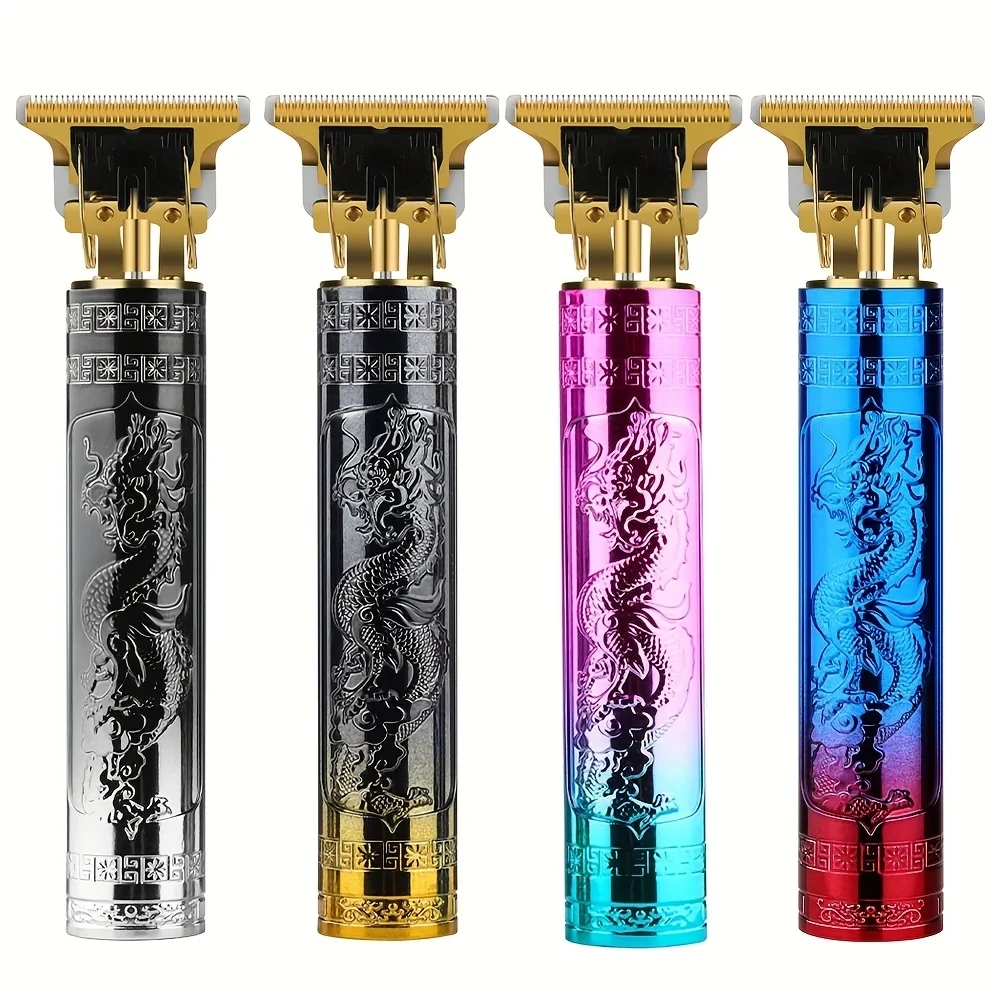 Vintage T9 Professional Hair Trimmer Dragon Design Metal Body USB Charging Stainless Steel Blades 4 Guide Combs T9 Hair trimmer