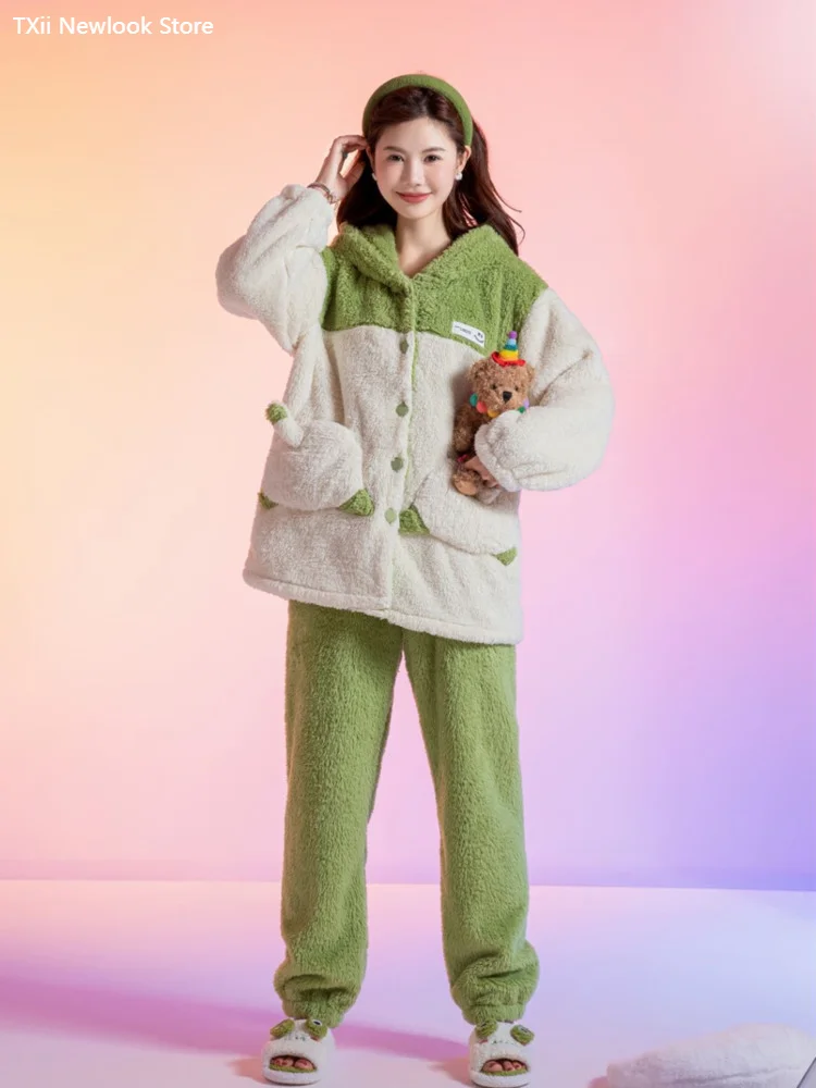 

[TXii Advanced Sense] Soft Pajamas Women's Autumn and Winter Half-side Velvet Cute Bear Loose Hooded Home Clothes Two-piece Set