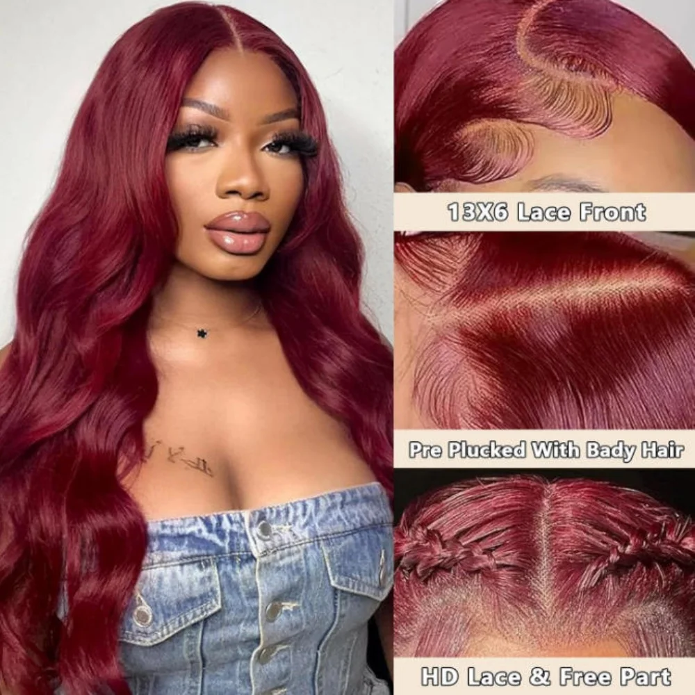 99J Burgundy Body Wave Lace Front Wig 250 Density 13x4 13x6 HD Transparent Lace Frontal Wig Pre Plucked Baby Hair Brazilian Virgin Human Hair Red Colored Wigs For Black Women image 3