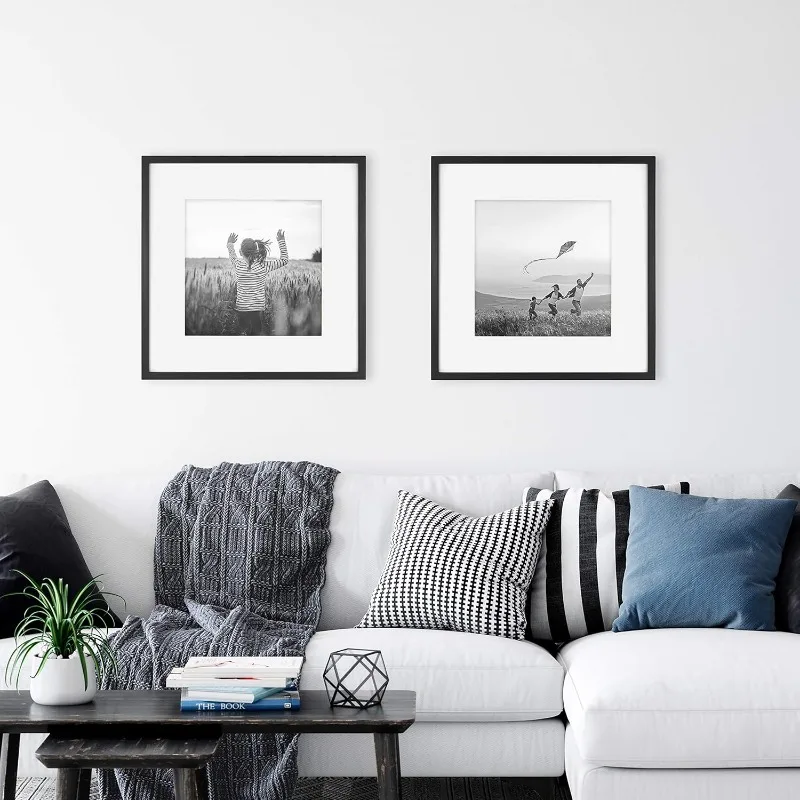 إطارات مربعة سوداء كلاسيكية مقاس 18 × 18، عبوة مزدوجة مع حصيرة مقاس 12 × 12. مثالية لديكور المنزل والصور والصور الزفاف.