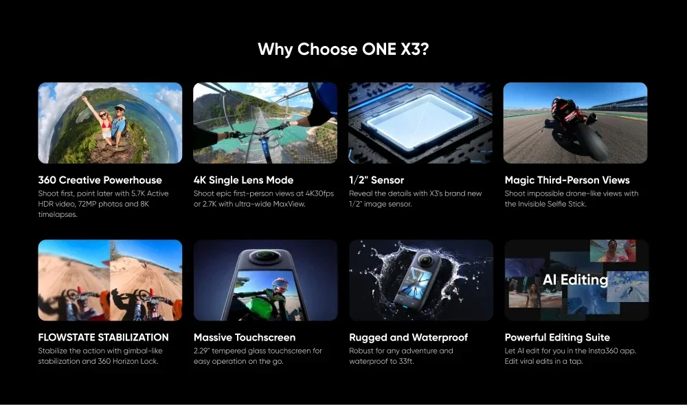 بطارية Insta360 X3 Action 1800 مللي أمبير في الساعة 5.7K فيديو 10 متر مثبت تدفق مقاوم للماء Insta 360 ONE X 3 Sports #5