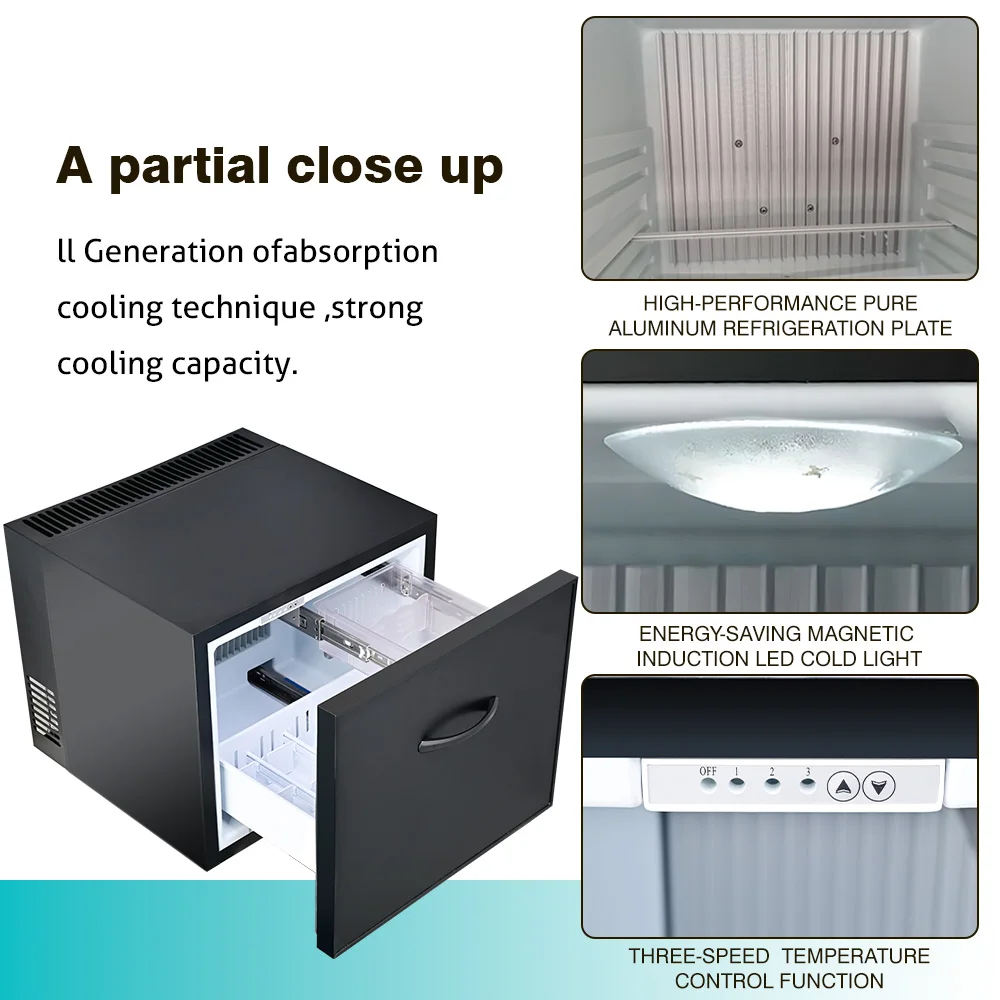 38L Electric Portable Drawer Refrigerator Undercounter Built-in Hotel Use-Energy Efficient Low Noise Mini Fridge Stainless Steel