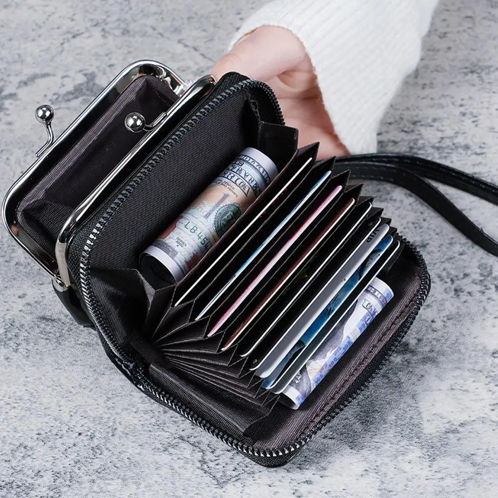 Short Wallet PU Leather Zero Wallet For Women Multi‑Card Slots Accordion Card Bag Kiss‑Lock Coin Purse Zipper Wristlet Wallet
